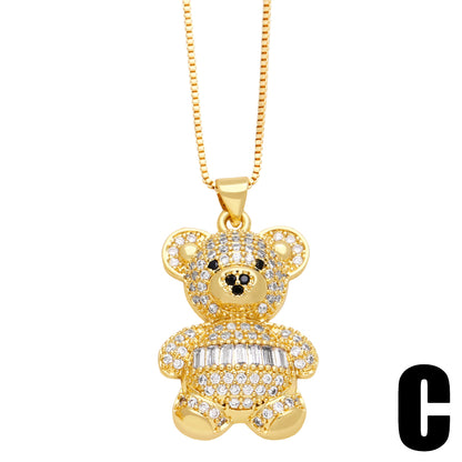 Cute Sweet Little Bear Stainless Steel Copper Plating Inlay Zircon 18k Gold Plated Pendant Necklace
