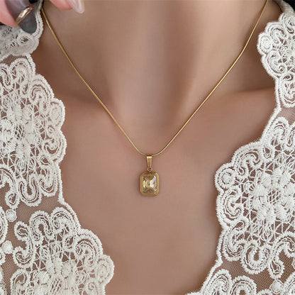 Elegant Basic Lady Square Stainless Steel Inlay Zircon Pendant Necklace