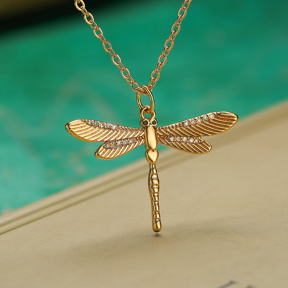 Simple Style Commute Dragonfly Copper Inlay Zircon 18k Gold Plated Pendant Necklace