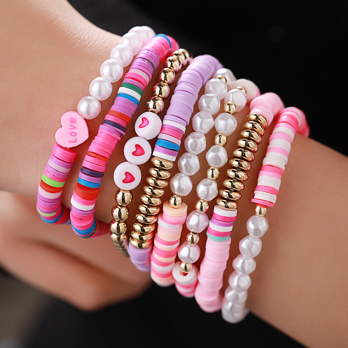 Sweet Letter Heart Shape Artificial Pearl Soft Clay Beaded Women's Bracelets