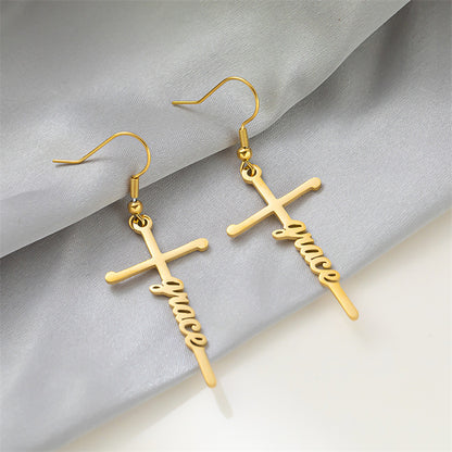 1 Pair Retro Simple Style Cross Letter Titanium Steel Drop Earrings