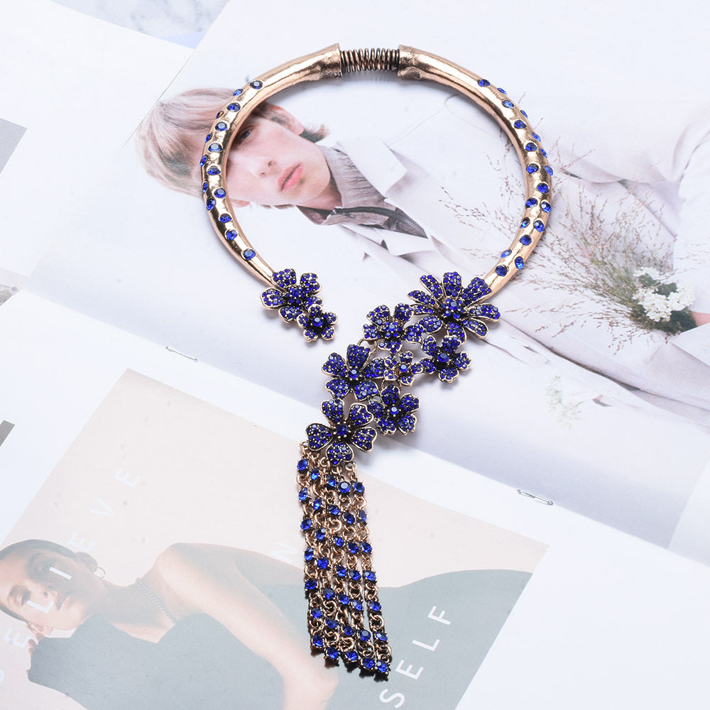 Exaggerated Luxurious Tassel Flower Alloy Inlay Artificial Crystal Women's Necklace