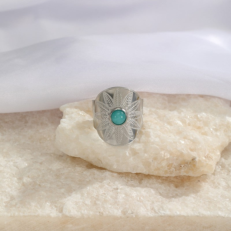 Stainless Steel Fashion Inlay Round Turquoise Open Ring