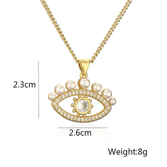 Streetwear Devil's Eye Copper Plating Inlay Artificial Pearls Zircon 18k Gold Plated Pendant Necklace