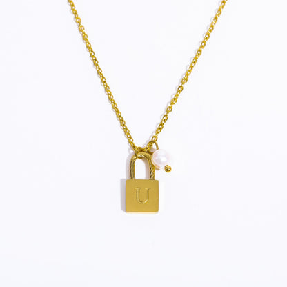 Casual Simple Style Letter Lock Titanium Steel Pearl Plating 18k Gold Plated Pendant Necklace