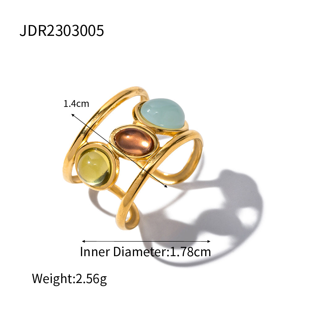 Ig Style Retro Colorful Stainless Steel Plating Inlay Glass 18k Gold Plated Open Ring