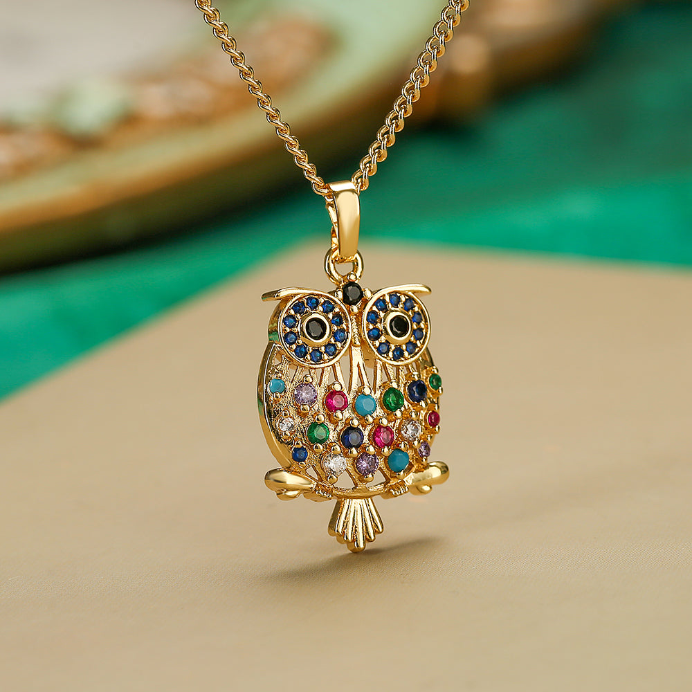 Shiny Bear Owl Butterfly Copper Plating Inlay Zircon 18k Gold Plated Pendant Necklace