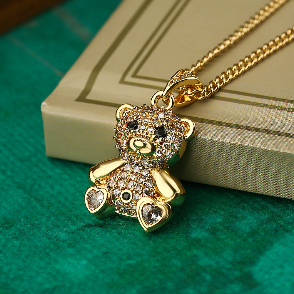 Shiny Bear Owl Butterfly Copper Plating Inlay Zircon 18k Gold Plated Pendant Necklace