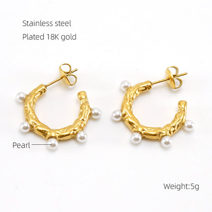 1 Pair Elegant Glam Shiny C Shape Plating Inlay Stainless Steel Pearl Zircon 18k Gold Plated Ear Studs