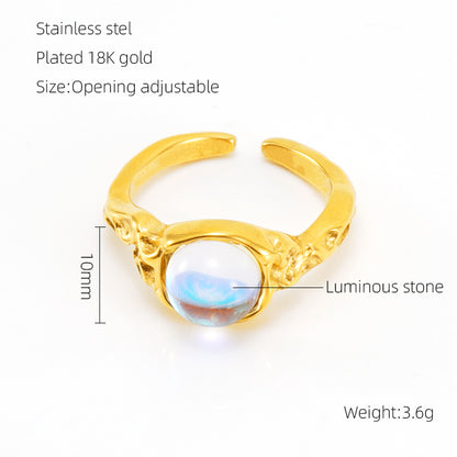 Elegant Retro Round Square Stainless Steel Plating Inlay Luminous Stone Rhinestones Zircon 18k Gold Plated Open Ring