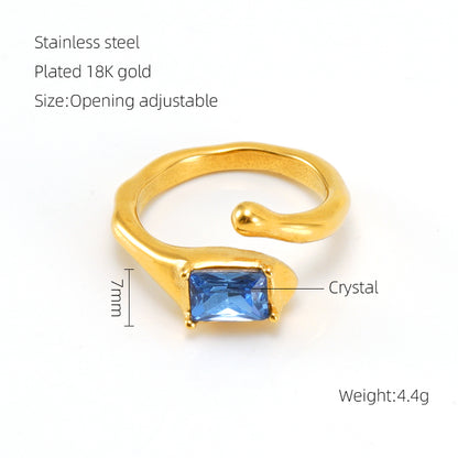 Elegant Retro Round Square Stainless Steel Plating Inlay Luminous Stone Rhinestones Zircon 18k Gold Plated Open Ring