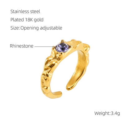 Elegant Retro Round Square Stainless Steel Plating Inlay Luminous Stone Rhinestones Zircon 18k Gold Plated Open Ring