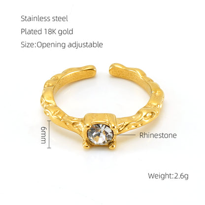 Elegant Retro Round Square Stainless Steel Plating Inlay Luminous Stone Rhinestones Zircon 18k Gold Plated Open Ring