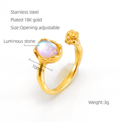 Elegant Retro Round Square Stainless Steel Plating Inlay Luminous Stone Rhinestones Zircon 18k Gold Plated Open Ring