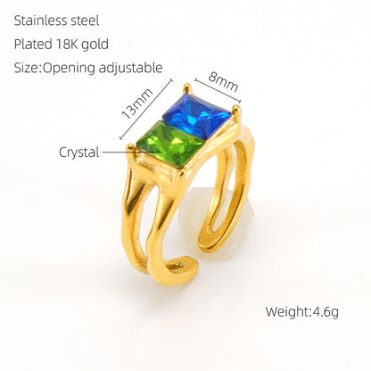 Elegant Retro Round Square Stainless Steel Plating Inlay Luminous Stone Rhinestones Zircon 18k Gold Plated Open Ring