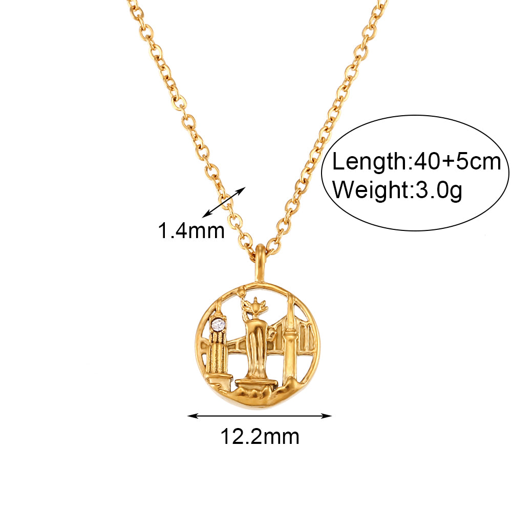 Vintage Style Artistic City Stainless Steel Plating Inlay Artificial Diamond 18k Gold Plated Pendant Necklace