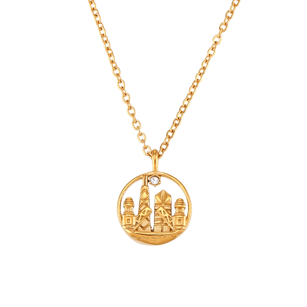 Vintage Style Artistic City Stainless Steel Plating Inlay Artificial Diamond 18k Gold Plated Pendant Necklace