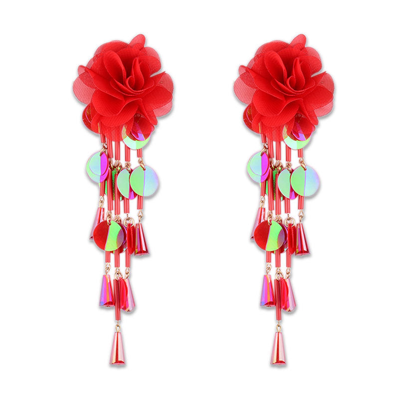 Exaggerated Sweet Flower Cloth Beaded Women's Drop Earrings