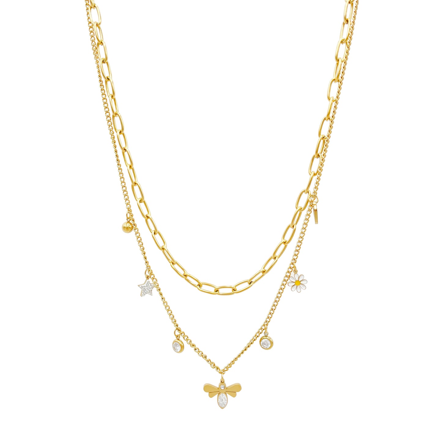 Simple Style Star Flower Bee Stainless Steel Enamel Plating Inlay Zircon Gold Plated Layered Necklaces