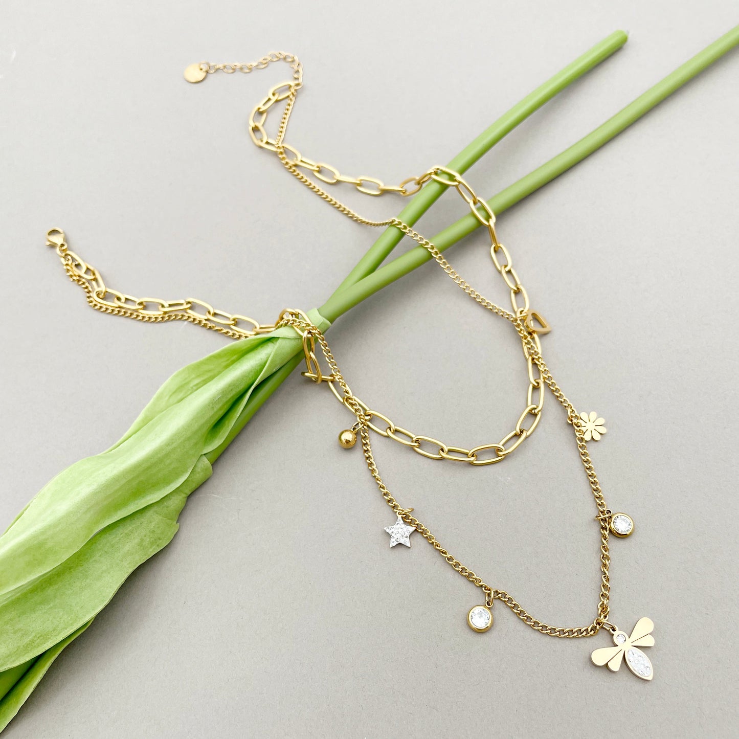 Simple Style Star Flower Bee Stainless Steel Enamel Plating Inlay Zircon Gold Plated Layered Necklaces