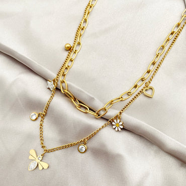 Simple Style Star Flower Bee Stainless Steel Enamel Plating Inlay Zircon Gold Plated Layered Necklaces