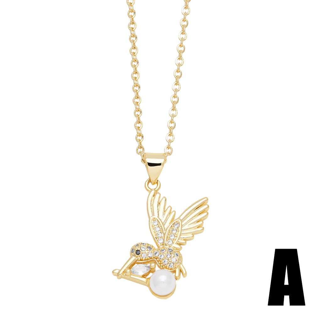 Elegant Modern Style Moon Heart Shape Bird Stainless Steel Copper Plating Inlay Zircon 18k Gold Plated Pendant Necklace