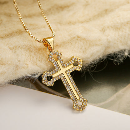 Shiny Love Cross Copper Plating Inlay Zircon 18k Gold Plated Pendant Necklace