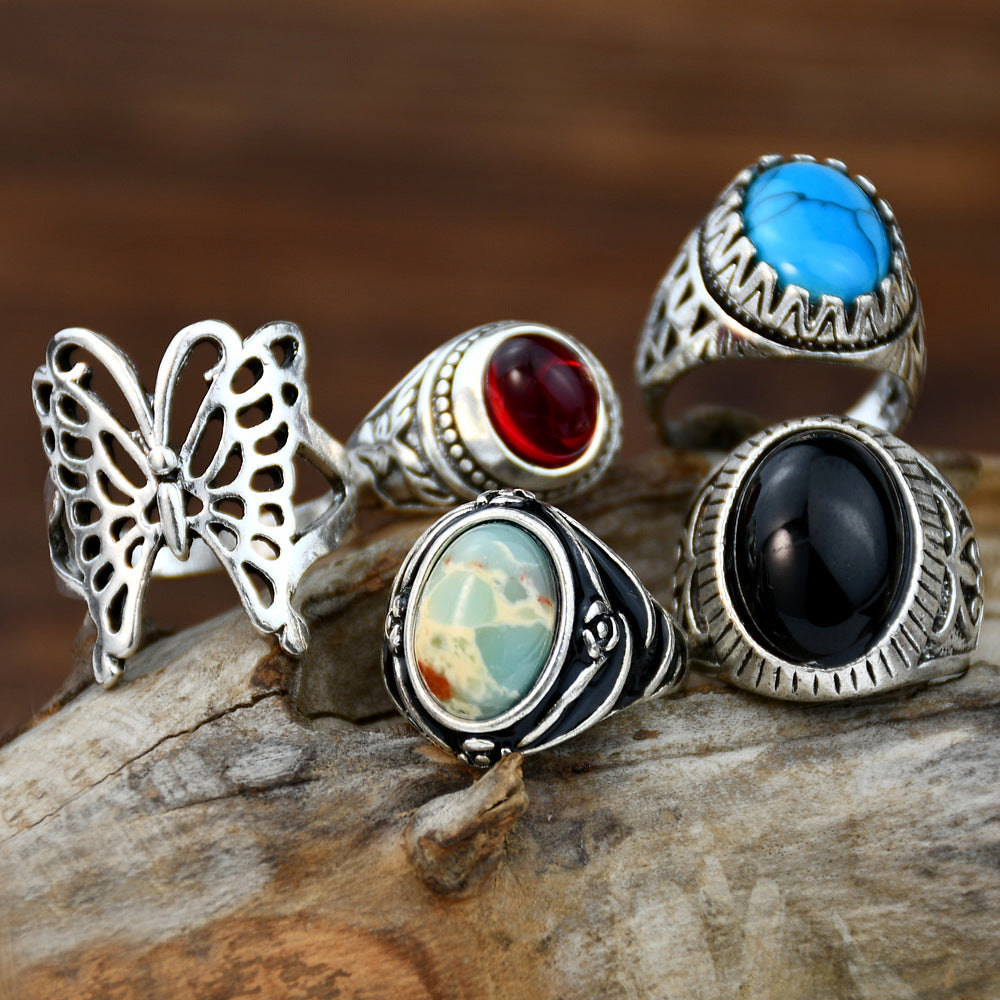 Retro Ethnic Style Oval Butterfly Alloy Plating Inlay Resin Women's Rings