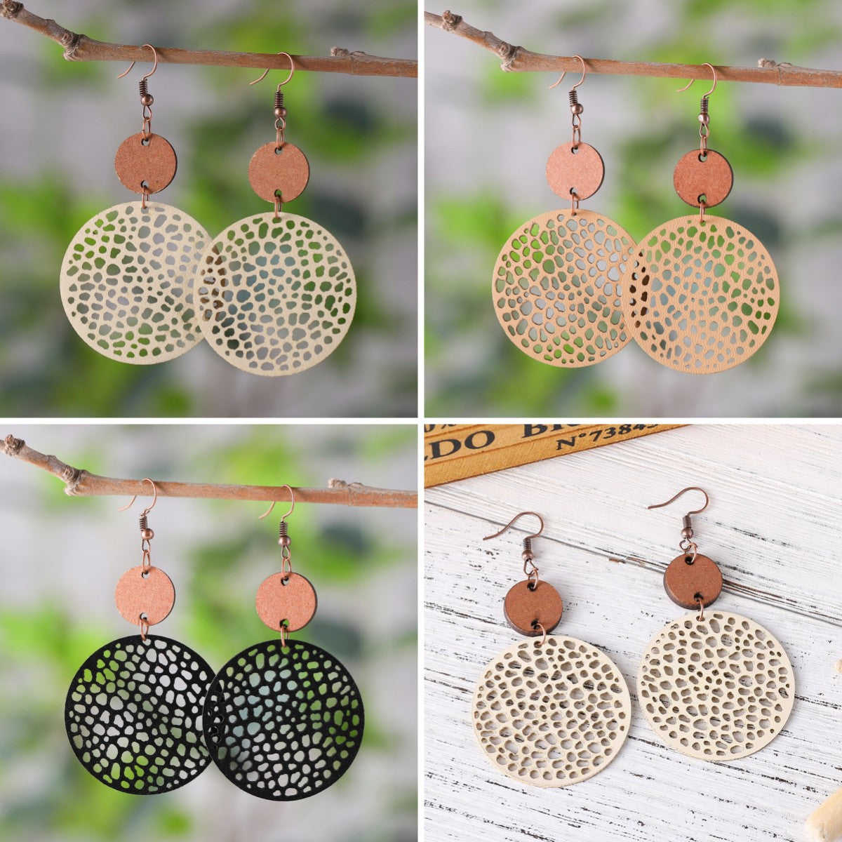 1 Pair Ethnic Style Round Patchwork Hollow Out Stainless Steel Wood Drop Earrings