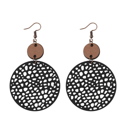 1 Pair Ethnic Style Round Patchwork Hollow Out Stainless Steel Wood Drop Earrings