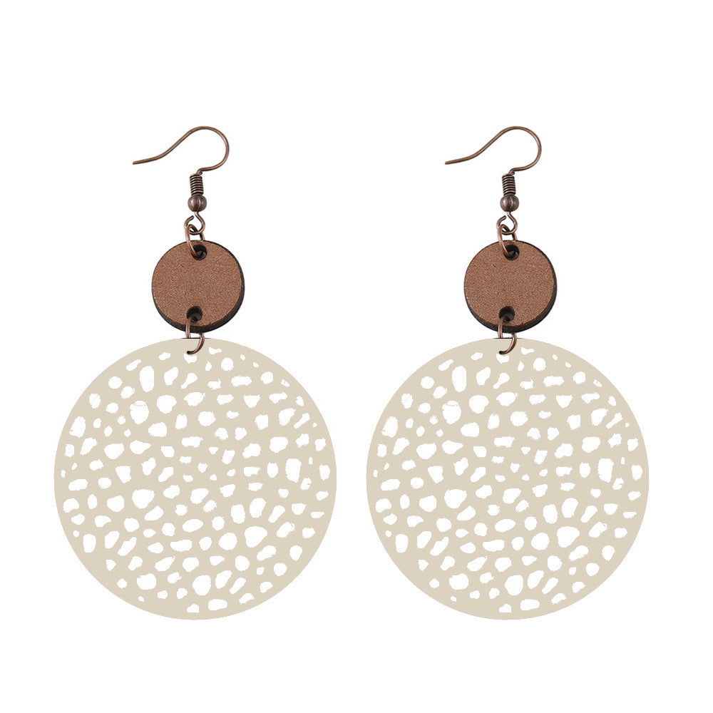 1 Pair Ethnic Style Round Patchwork Hollow Out Stainless Steel Wood Drop Earrings