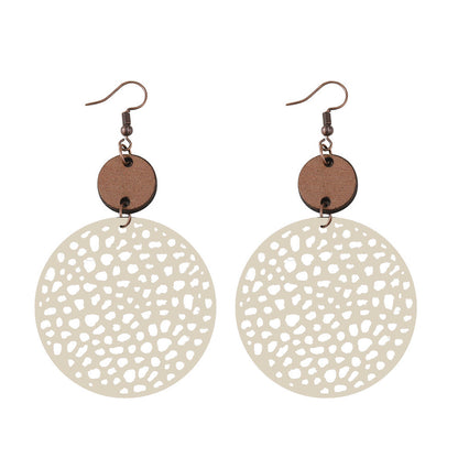 1 Pair Ethnic Style Round Patchwork Hollow Out Stainless Steel Wood Drop Earrings