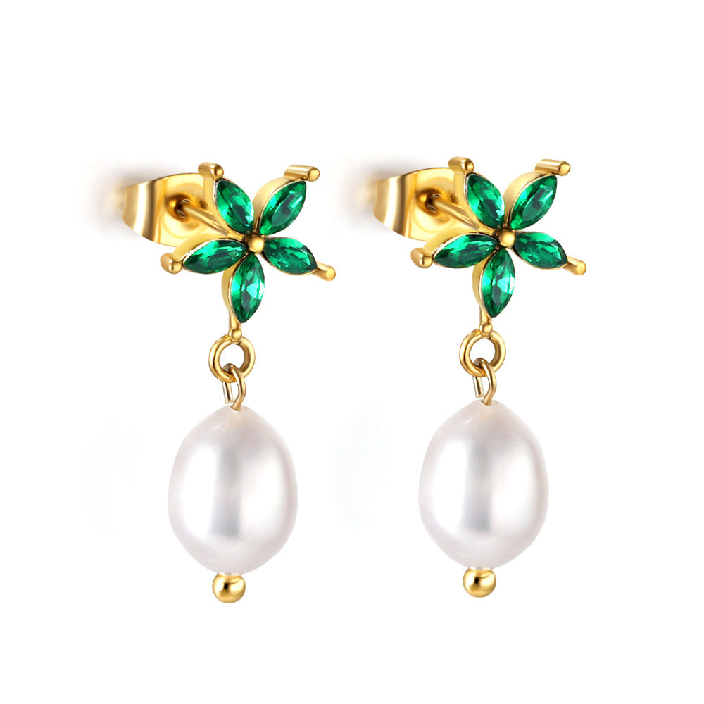 1 Pair Elegant Commute Leaf Flower Inlay Stainless Steel Imitation Pearl Zircon Earrings