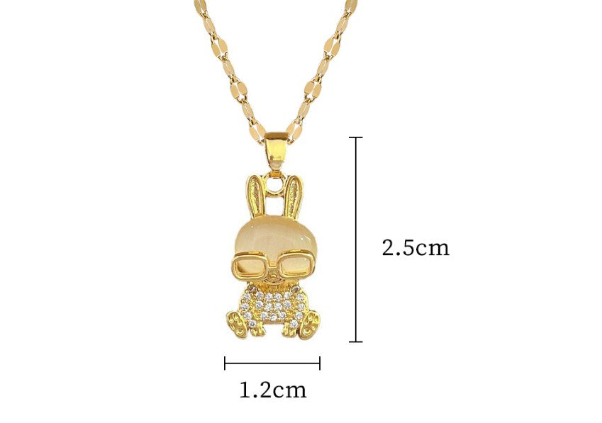 Cute Simple Style Rabbit Titanium Steel Copper Inlay Opal Zircon Pendant Necklace