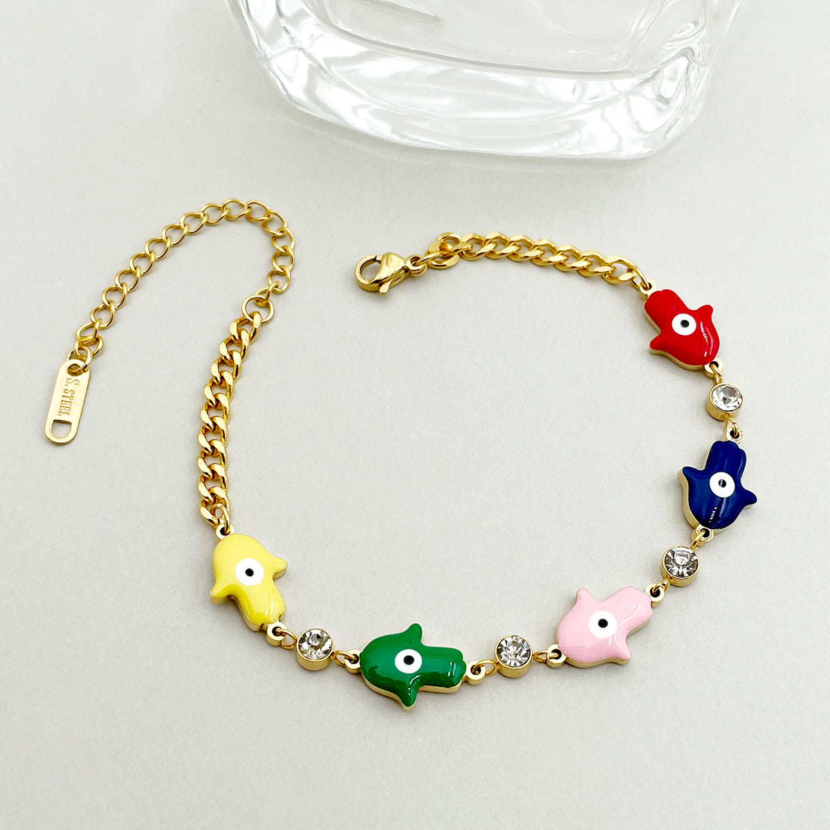 Casual Simple Style Palm Heart Shape Eye Stainless Steel Enamel Plating Inlay Zircon Gold Plated Bracelets