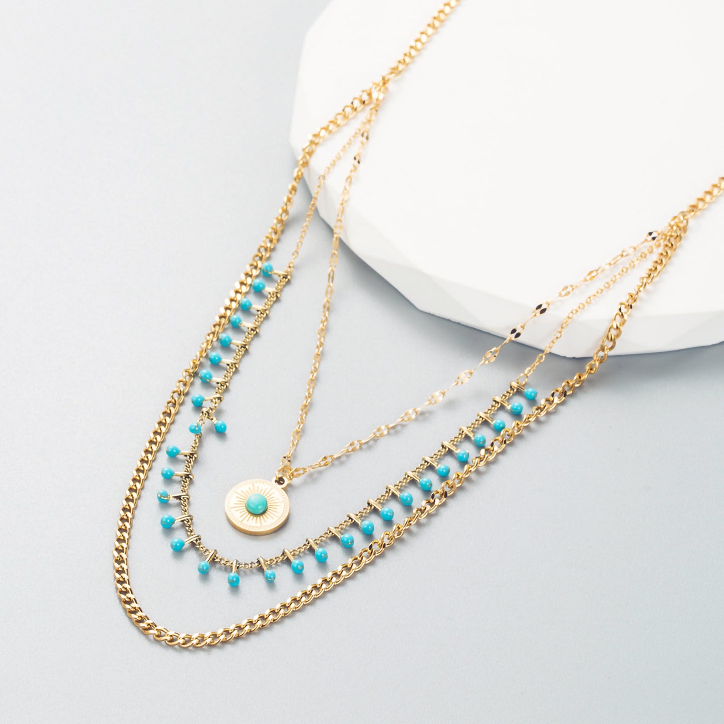 Vintage Style Exaggerated Round Titanium Steel Plating Inlay Turquoise 18k Gold Plated Layered Necklaces