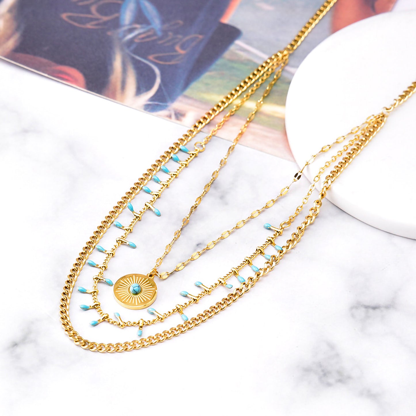 Vintage Style Exaggerated Round Titanium Steel Plating Inlay Turquoise 18k Gold Plated Layered Necklaces