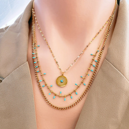 Vintage Style Exaggerated Round Titanium Steel Plating Inlay Turquoise 18k Gold Plated Layered Necklaces