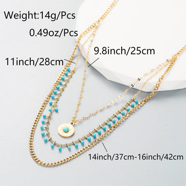 Vintage Style Exaggerated Round Titanium Steel Plating Inlay Turquoise 18k Gold Plated Layered Necklaces