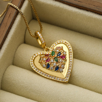 Retro Shiny Heart Shape Copper Plating Inlay Zircon 18k Gold Plated Pendant Necklace