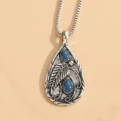 Vintage Style Leaf Moon Water Droplets Alloy Enamel Inlay Natural Stone Women's Pendant Necklace