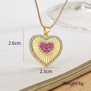 Retro Shiny Heart Shape Copper Plating Inlay Zircon 18k Gold Plated Pendant Necklace