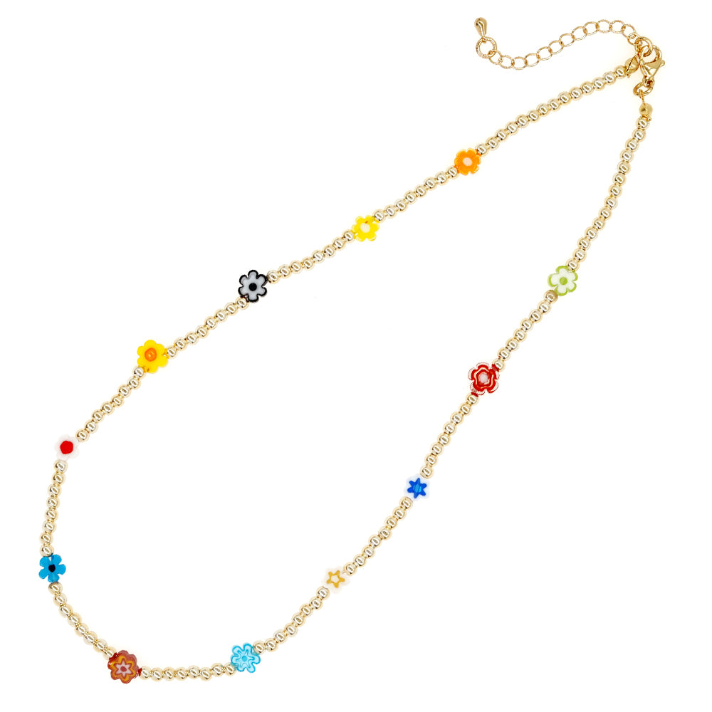 Commute Eye Flower Glass Metal Beaded Chain Women's Necklace