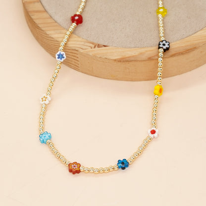 Commute Eye Flower Glass Metal Beaded Chain Women's Necklace