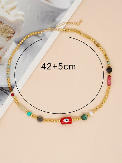 Commute Eye Flower Glass Metal Beaded Chain Women's Necklace