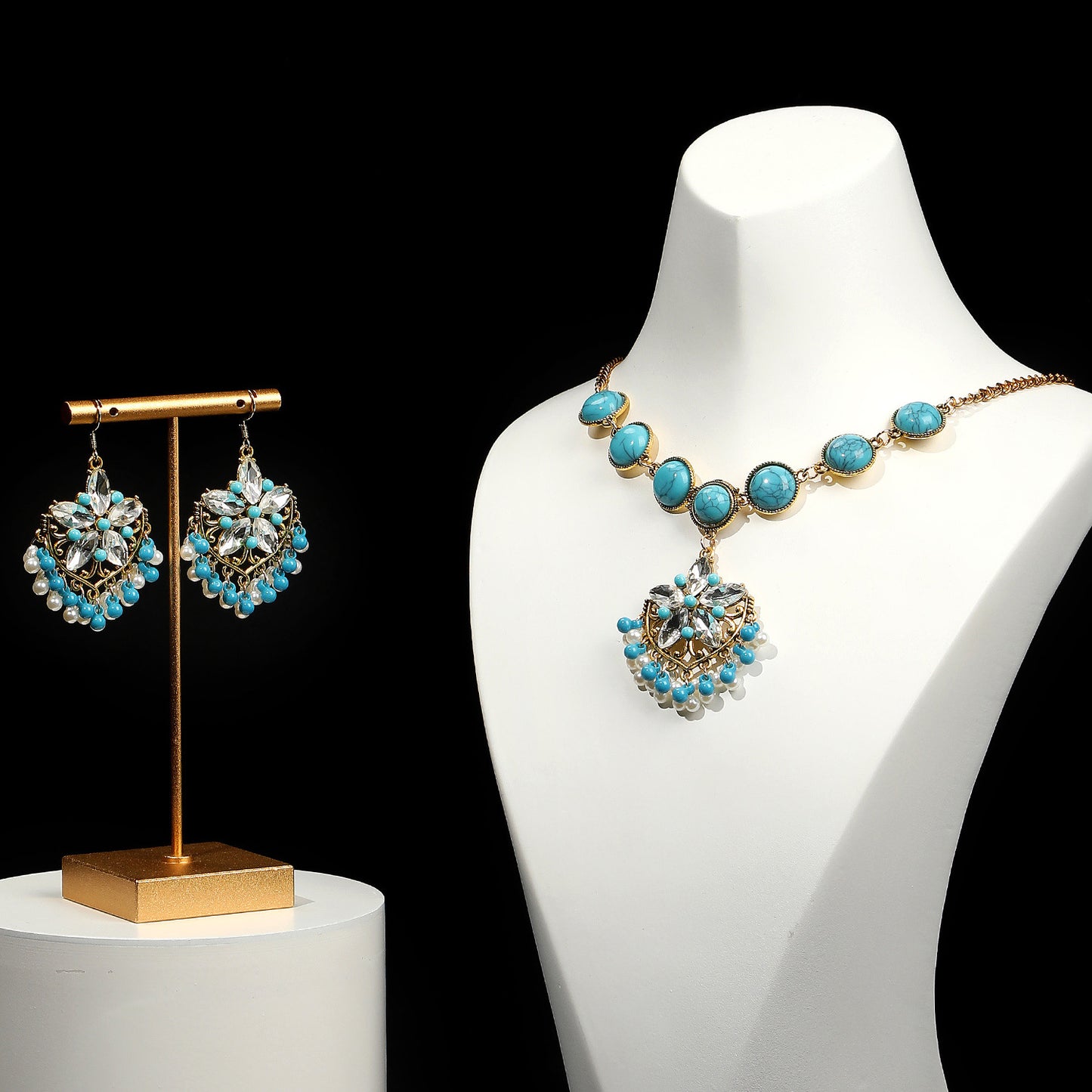 Elegant Vintage Style Luxurious Geometric Flower Gem Turquoise Alloy Wholesale Earrings Necklace