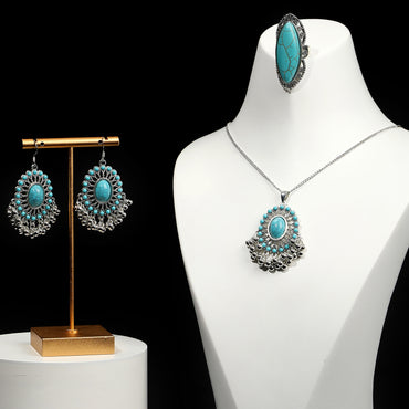 Elegant Vintage Style Luxurious Geometric Flower Gem Turquoise Alloy Wholesale Earrings Necklace