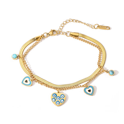 Simple Style Commute Devil's Eye Heart Shape Titanium Steel Plating Inlay Turquoise 18k Gold Plated Bracelets