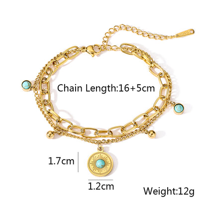 Simple Style Commute Devil's Eye Heart Shape Titanium Steel Plating Inlay Turquoise 18k Gold Plated Bracelets