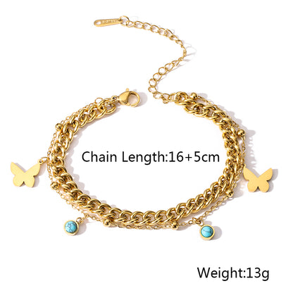 Simple Style Commute Leaves Dolphin Butterfly Titanium Steel Inlay Turquoise Zircon 18k Gold Plated Bracelets